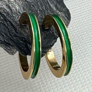 Green Enamel and Gold Hoop Clip On Earrings 3/4 inch